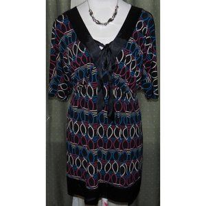 Ladies size 2X Bisou Bisou artsy stretch blend tunic top black satin trim